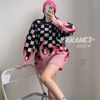 Cute Hot Pink Flames Fire Checkerboard Plaid Oversized Knit Sweater Pullover Aesthetic Casual E-Girl Kawaii Korean Japanese Harajuku - Thumbnail 6