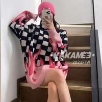 Cute Hot Pink Flames Fire Checkerboard Plaid Oversized Knit Sweater Pullover Aesthetic Casual E-Girl Kawaii Korean Japanese Harajuku - Thumbnail 7