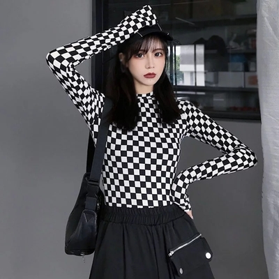Cute black white checkerboard plaid long sleeve shirt top punk goth aesthetic casual e-girl kawaii korean japanese harajuku - Thumbnail 5