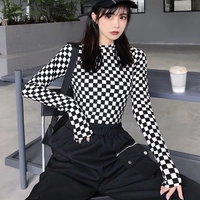 Cute Black White Checkerboard Plaid Long Sleeve Shirt Top Punk Goth Aesthetic Casual E-Girl Kawaii Korean Japanese Harajuku - Thumbnail 1