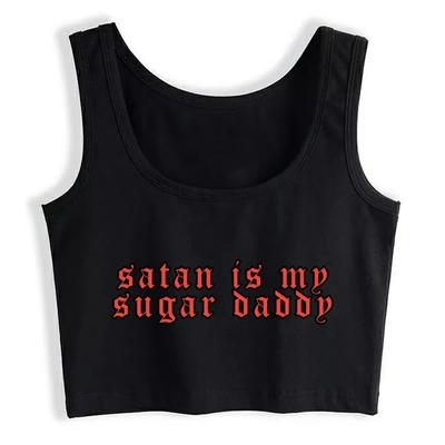 Cute Black Satan Sugar Daddy Print Crop Top Tank Sleeveless Shirt Aesthetic Casual E-Girl Kawaii Korean Japanese Harajuku