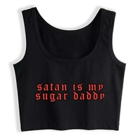 Cute Black Satan Sugar Daddy Print Crop Top Tank Sleeveless Shirt Aesthetic Casual E-Girl Kawaii Korean Japanese Harajuku - Thumbnail 4