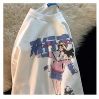 Cute White Graffiti Anime Girl Cat Cartoon Print Oversized Short Sleeve Shirt Punk Aesthetic Casual E-Girl Kawaii Korean Japanese Harajuku - Thumbnail 3