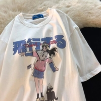 Cute White Graffiti Anime Girl Cat Cartoon Print Oversized Short Sleeve Shirt Punk Aesthetic Casual E-Girl Kawaii Korean Japanese Harajuku - Thumbnail 8