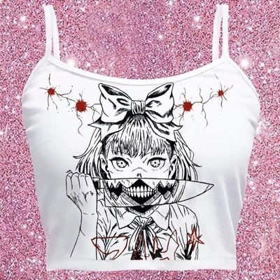 Cute white killer knife anime girl cartoon print crop top camisole sleeveless shirt punk goth aesthetic casual e-girl kawaii korean japanese harajuku - Thumbnail 4