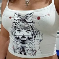 Cute White Killer Knife Anime Girl Cartoon Print Crop Top Camisole Sleeveless Shirt Punk Goth Aesthetic Casual E-Girl Kawaii Korean Japanese Harajuku - Thumbnail 3