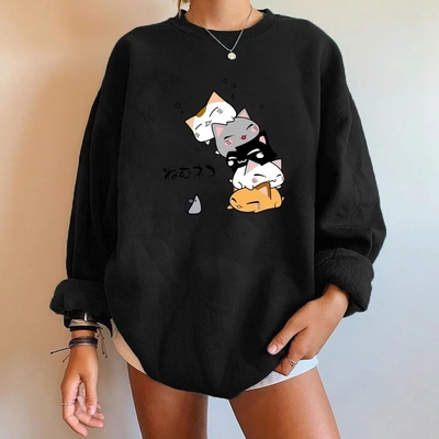Cute cat print oversized sweatshirt pullover sweater hoodie aesthetic casual e-girl kawaii korean japanese harajuku - Thumbnail 4