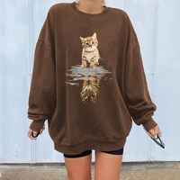 Cute Funny Cat Tiger Cartoon Print Long Sleeve Crewneck Sweatshirt Pullover Aesthetic Casual E-Girl Kawaii Korean Japanese Harajuku - Thumbnail 1