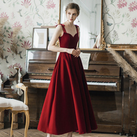 Red velvet A line tea length prom dress evening dress - Thumbnail 1