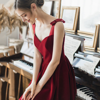 Red velvet A line tea length prom dress evening dress - Thumbnail 2