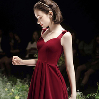 Red velvet A line tea length prom dress evening dress - Thumbnail 4