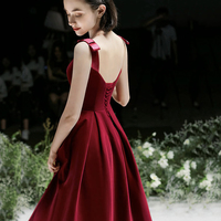 Red velvet A line tea length prom dress evening dress - Thumbnail 5