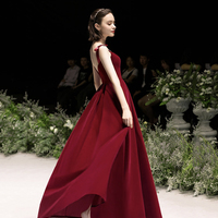 Red velvet A line tea length prom dress evening dress - Thumbnail 7