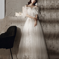 White tulle sequins long prom dress evening dress - Thumbnail 1