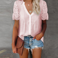Solid Color V-Neck Lace Short-Sleeved Shirt Top - Thumbnail 1