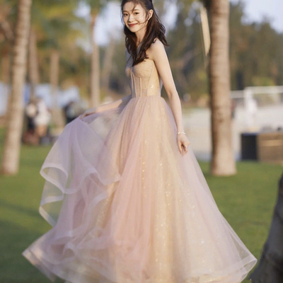 Pink tulle sequins long prom dress pink evening dress - Thumbnail 3