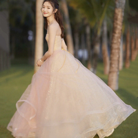 Pink tulle sequins long prom dress pink evening dress - Thumbnail 1