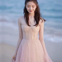 Pink tulle sequins long prom dress pink evening dress - Thumbnail 2