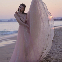 Pink tulle sequins long prom dress pink evening dress - Thumbnail 5