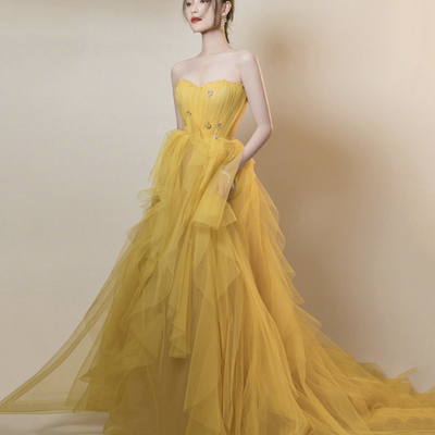 Yellow tulle long prom dress yellow evening dress