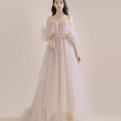 Purple tulle long prom dress a line evening dress - Thumbnail 2