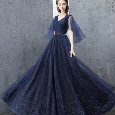 Blue tulle long prom dress a line evening dress - Thumbnail 3