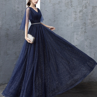 Blue tulle long prom dress A line evening dress - Thumbnail 1