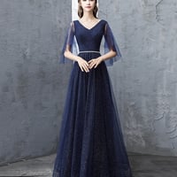 Blue tulle long prom dress A line evening dress - Thumbnail 2