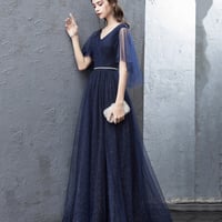Blue tulle long prom dress A line evening dress - Thumbnail 5
