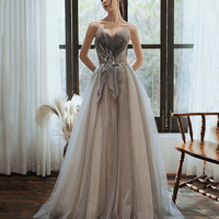 Gray tulle sequins long prom dress A line evening gown - Thumbnail 3