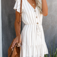 Women'S Casual V-Neck Striped Short Sleeve Dress - Thumbnail 1