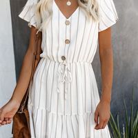 Women'S Casual V-Neck Striped Short Sleeve Dress - Thumbnail 3