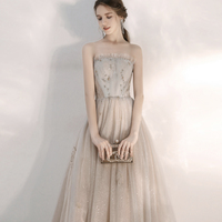 Champagne tulle sequins long prom dress evening dress - Thumbnail 1