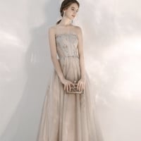 Champagne tulle sequins long prom dress evening dress - Thumbnail 2