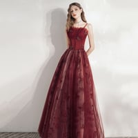 Burgundy tulle long prom dress A line evening gown - Thumbnail 2