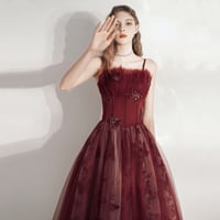 Burgundy tulle long prom dress A line evening gown - Thumbnail 3