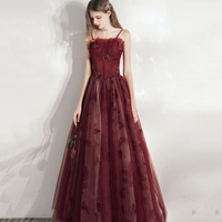 Burgundy tulle long prom dress A line evening gown - Thumbnail 5