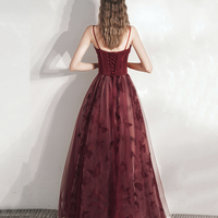 Burgundy tulle long prom dress A line evening gown - Thumbnail 6