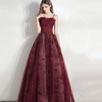 Burgundy tulle long prom dress A line evening gown - Thumbnail 7