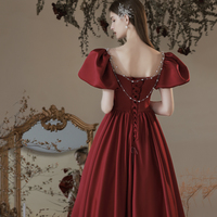 Burgundy satin long prom dress A line evening dress - Thumbnail 2