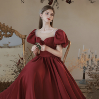 Burgundy satin long prom dress A line evening dress - Thumbnail 3