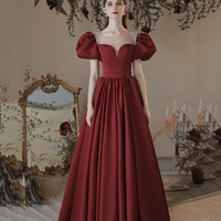Burgundy satin long prom dress A line evening dress - Thumbnail 4