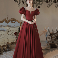 Burgundy satin long prom dress A line evening dress - Thumbnail 5