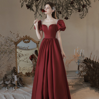 Burgundy satin long prom dress A line evening dress - Thumbnail 7
