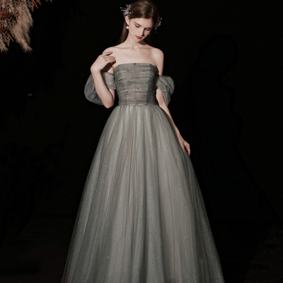 Cute tulle long prom dress a line evening gown - Thumbnail 3