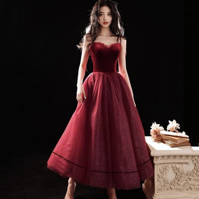 Burgundy tulle short a line prom dress party dress - Thumbnail 5