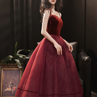 Burgundy tulle short A line prom dress party dress - Thumbnail 4