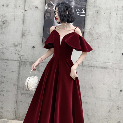 Burgundy velvet long prom dress a line evening dress - Thumbnail 3