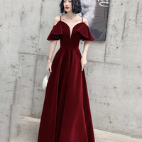 Burgundy velvet long prom dress A line evening dress - Thumbnail 1