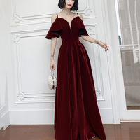 Burgundy velvet long prom dress A line evening dress - Thumbnail 2